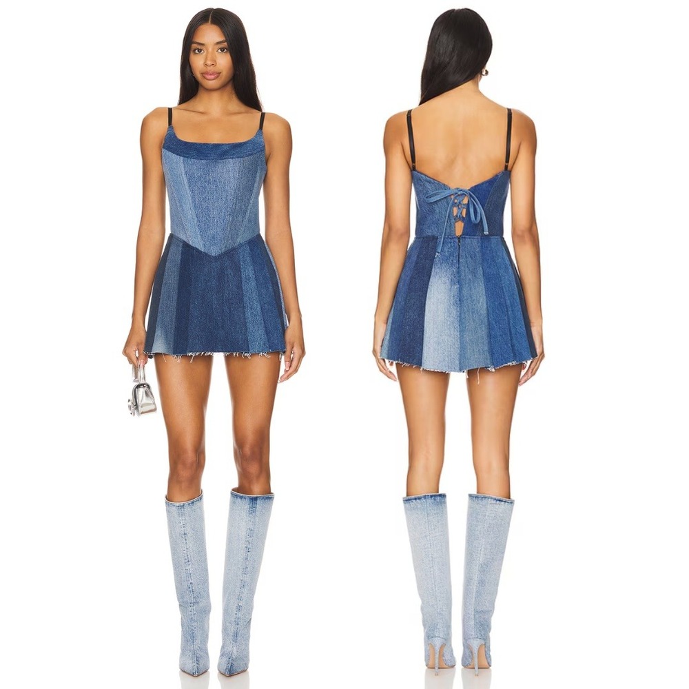 EB DENIM Dress Polka Mini Denim Dress Lace Up Back Patchwork Corset Size Small